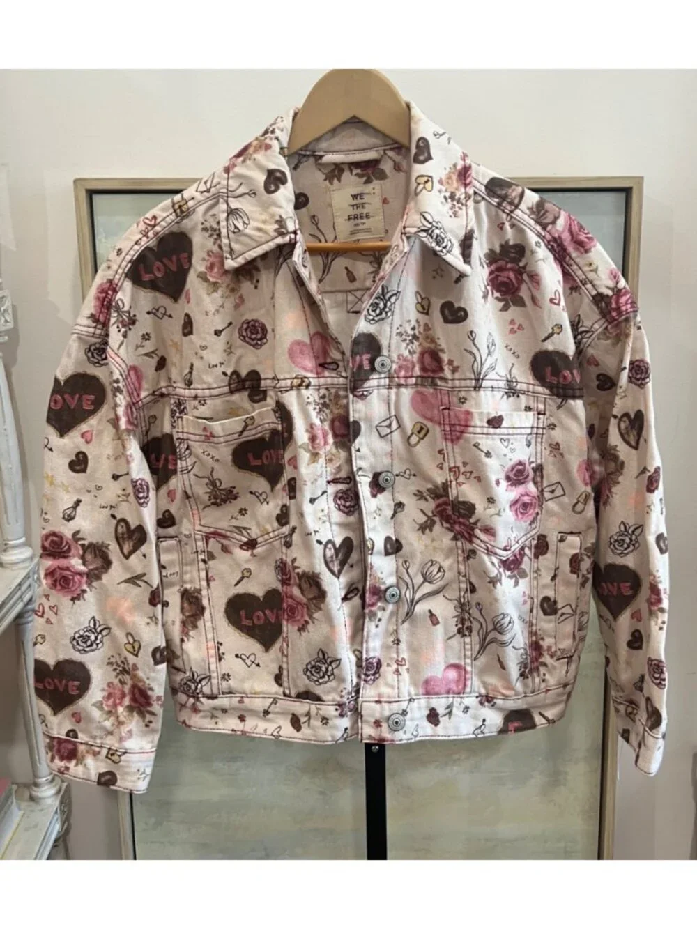 Free People Swing Printed Denim Jacket Graffiti Hearts Floral Print Size XS - Picture 5 of 6
